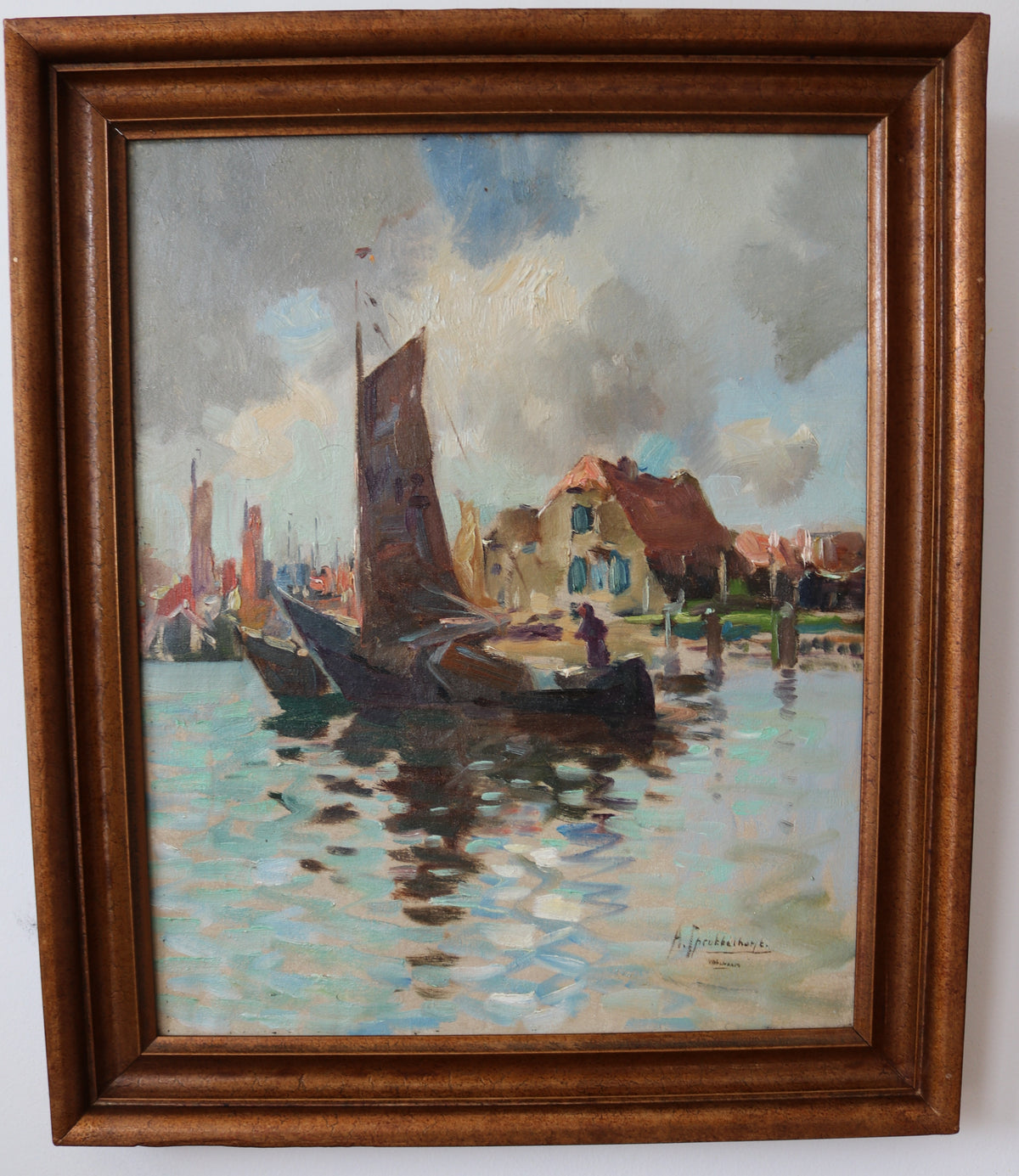 Albert Klein Sprokkelhorst (1887-1968) painting Boats in the Volendam harbor