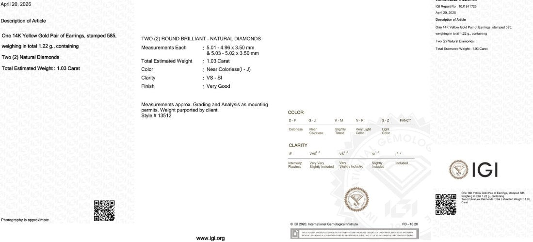 14 kt gouden oorbellen 1 ct diamanten IGI